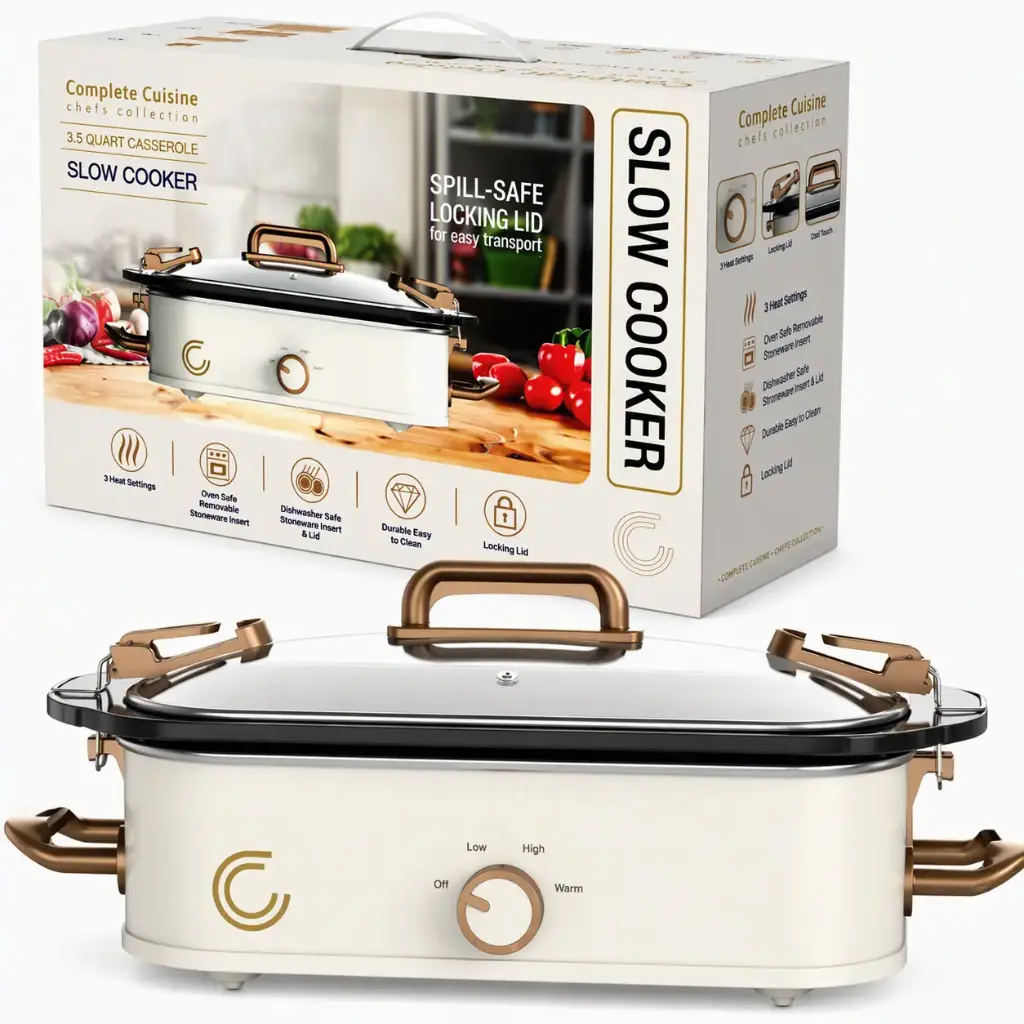 Complete Cuisine 3.5 QT Casserole Slow Cooker w/ Locking Lid (Cream/Gold)