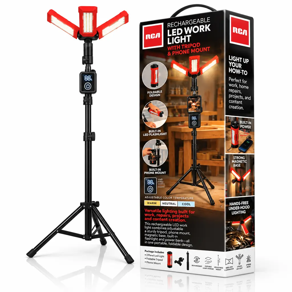 RCA Rechargeable Multi-Purpose LED Light with Telescoping Tripod and Phone Mount