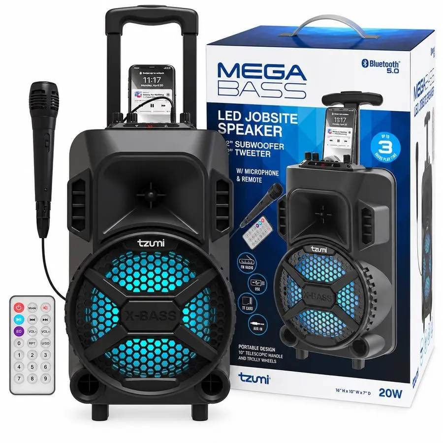 Tzumi Mega Bass LED Karaoke & Party Speaker w/Microphone and Remote