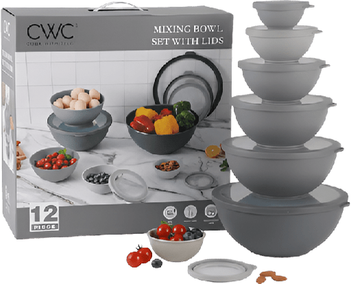 [OB12MBTPRK2J - GRY] CWC 12 Piece Mixing Bowl Set with Lids 