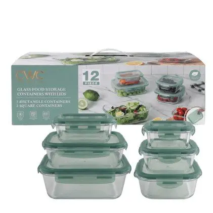 [12GLSFSS1K2J - GRN] CWC 12-Piece Glass Food Storage Container Set with Lids  